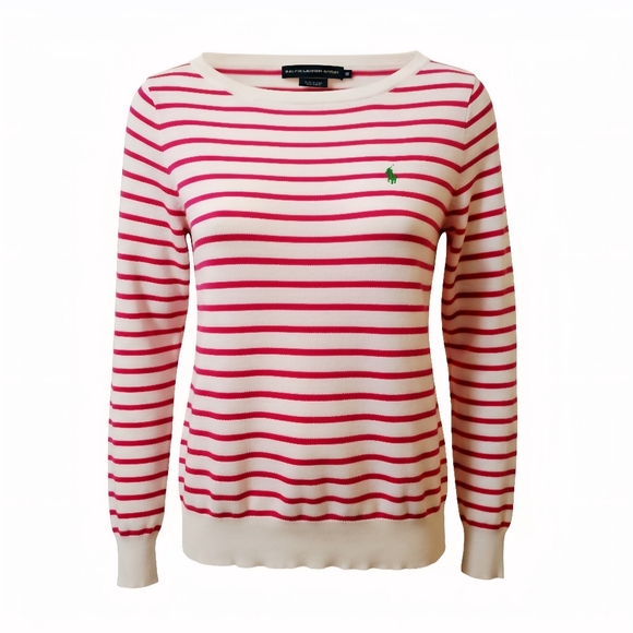 Ralph Lauren Sweaters - Ralph Lauren Cream Pink Striped Pullover Sweater Green Logo Pony Medium Preppy